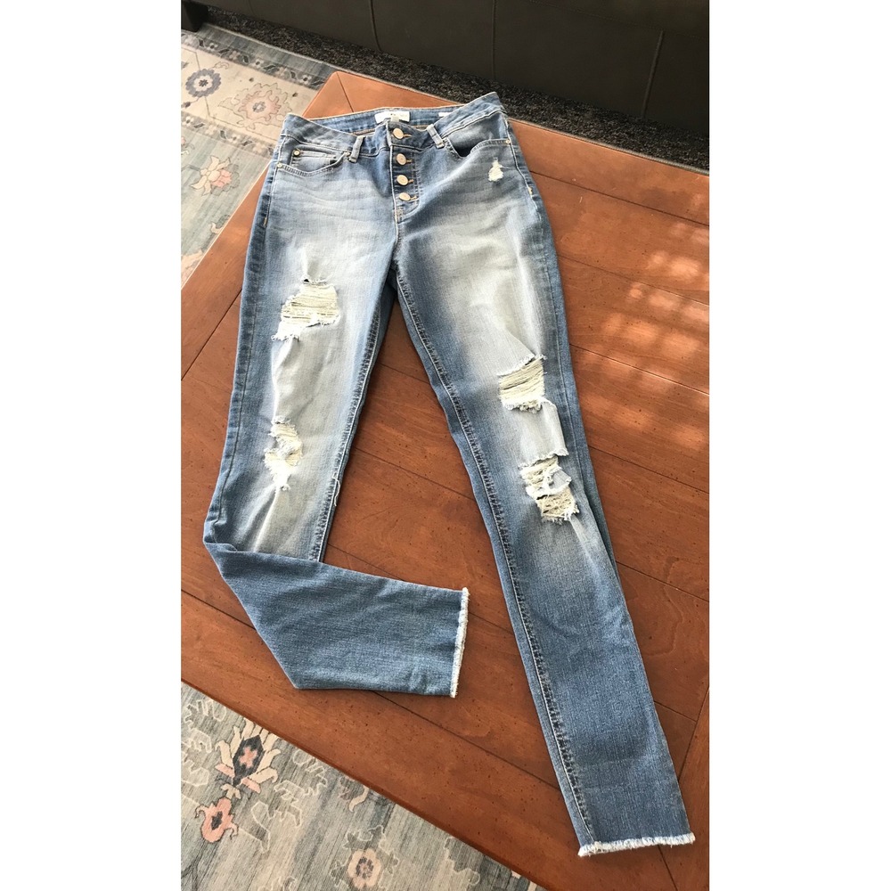 Black Daisy Selina High Rise Skinny Jeans Light Wash Distressed Button Fly 7/28‎